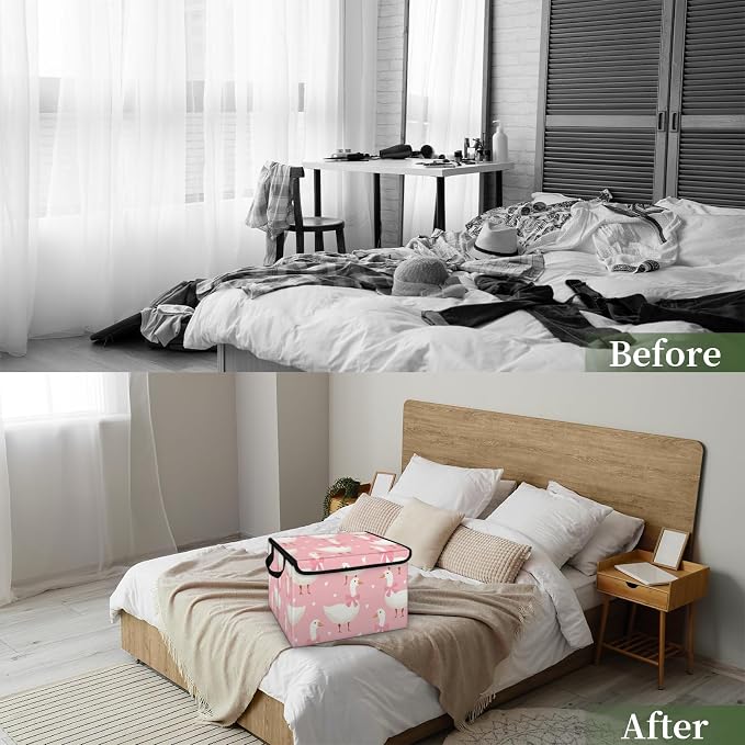 Cute Goose Storage Bins with Lids, Pink Bow Foldable Storage Boxes with Carrying Handle Organizer Containers Baskets Cube for Home Bedroom Closet