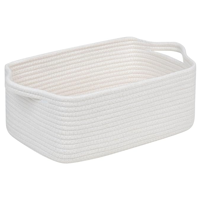 CubesLand Cute and Durable Small Cotton Rope Basket for Organizing | Woven Closet Storage Bin,Shelves Closet Storage Basket, Bathroom Storage Organizer Bin, Nursery Toy Basket Bin, White Basket