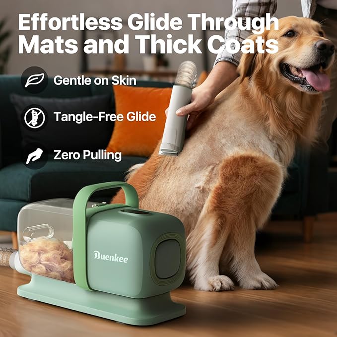 buenkee Dog Grooming Kit with Vacuum, 15000Pa Pet Hair Clipper and Shedding Brush, 50dB Low Noise, 2L Capacity, Green