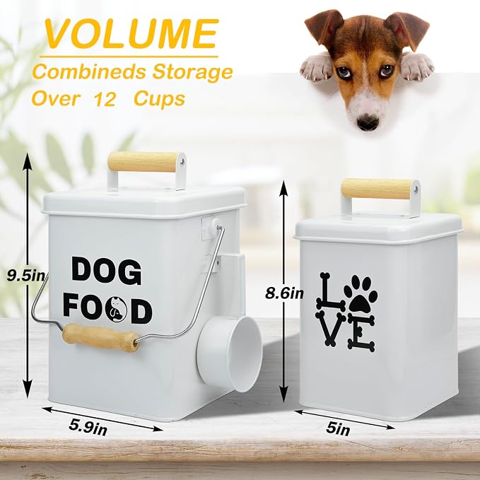 Dog Food Storage Container Set of 2 Dog Treat Container with Airtight Lids Dog Treat Jar with Scoop Metal Dog Food Holder with Wooden Handles for Kitchen Counter and Pantry Home Decor - Beige