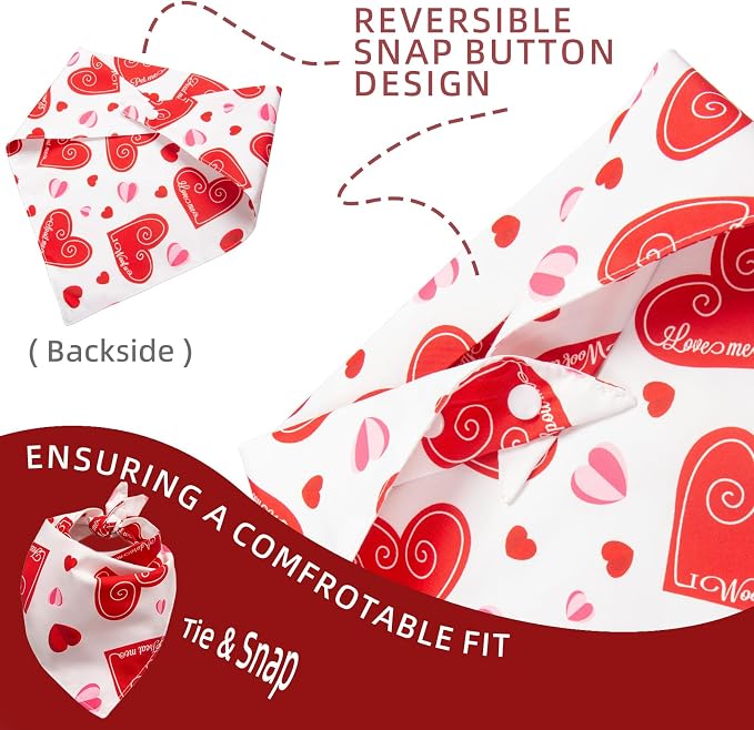 Dog Bandanas for Valentines Day - Cute Love Phrases Design for Pet Romantic Heart Print Adjustable Snap Button Scarf for Large & Extra Large Breeds 75lbs+