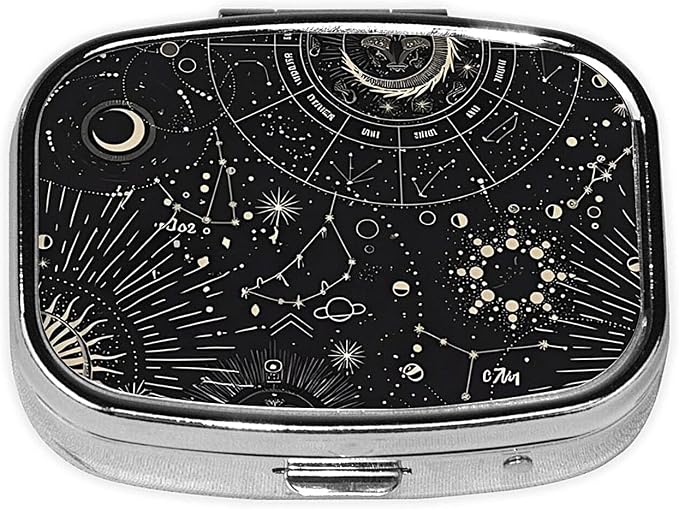 ABLESKY Pill Box, 2 Compartment Pill Organizer Case for Pocket or Purse, Small Portable Metal Travel Medicine Box with Mirror, Daily Vitamins Fish Oil Container-Tarot Constellation Moon Sun