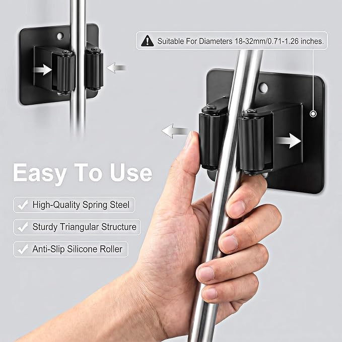 24Pcs Mop and Broom Holder Wall Mount with Screws Matte Black | Heavy Duty Garden Tool Organizer Rack Broom Hanger, Stainless Steel Mop Hanger Wall Mounted for Space Saving