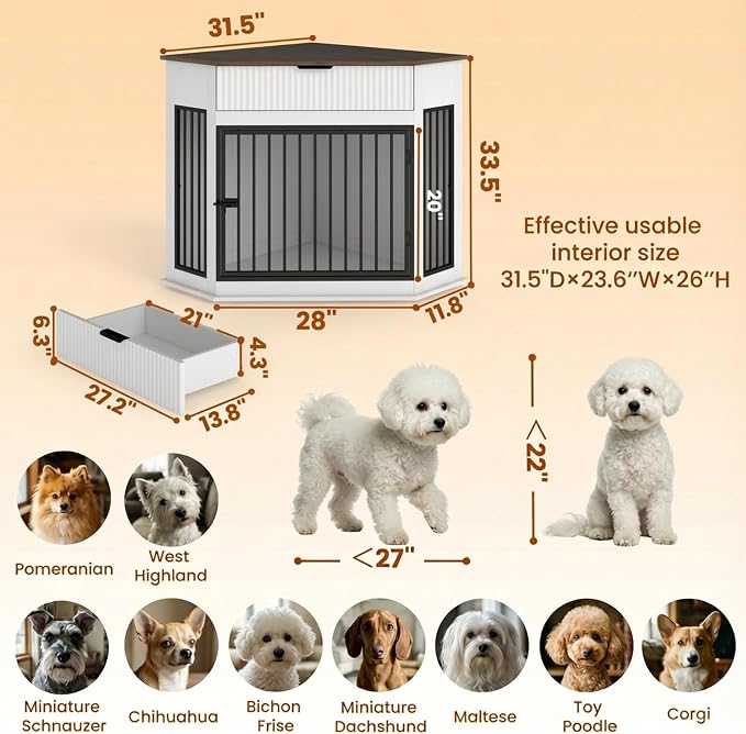 Corner Dog Crate Furniture with Fluted Drawer | MDF & Steel, Medium Dogs 26-40 lbs, Modern decorative pet house