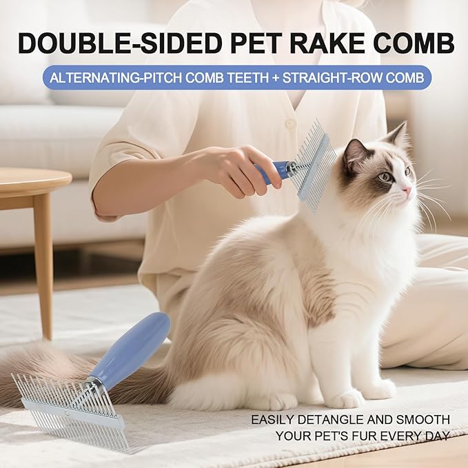 Blue Pet Double-Sided Row Undercoat Rake Comb with Handle Dog Dematting Comb for Shedding Fine Tooth Comb Pet Grooming Tool for Long-Haired Dogs Cats Gentle Remove Loose Hair Knots Tangles