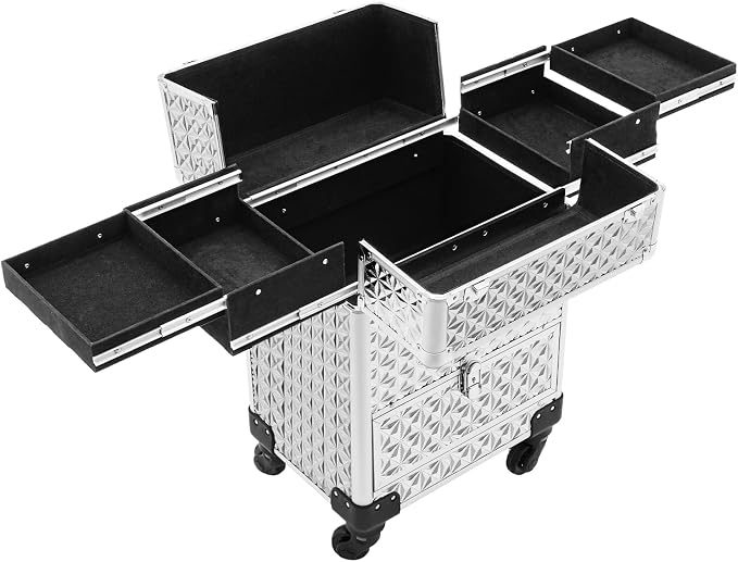Rolling Makeup Train Case with 7 Compartments & Drawer, Large Storage Professional Aluminum Alloy Mobile Organizer on Wheels for Hairstylists, Makeup Artists, Pet Groomers (silvery)