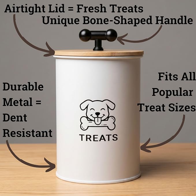 Dog Treat Container Airtight, 4.6"W x 6"H, Powder Coated, 6 Cup Capacity | Fits All Popular Treats, 6 Cup Capacity, Airtight Bamboo Lid, Easy Open Lid, Dent-Resistant Durable Metal Bone-Shaped Handle