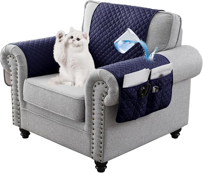Water-Resistant Sofa Armrest and Headrest Covers with Side Pocket | Keep remotes close quilted polyester helps guard against wear, pet scratches, and kids' messes silicone backing adds grip
