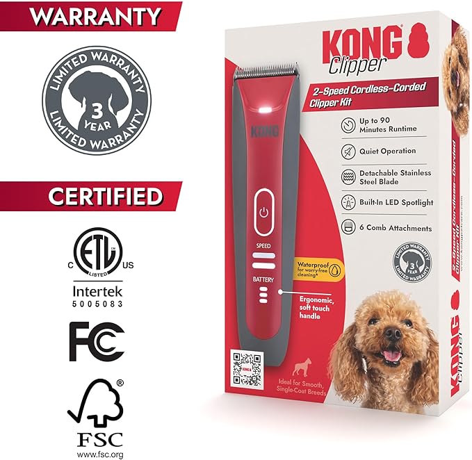 Kong 2-Speed Cordless-Corded Dog Clipper Kit – Stainless Steel Blade, Waterproof, LED Spotlight, Use-While-Charging, 6 Guide Combs, Ergonomic Handle – Red/Gray, Medium Coat Types