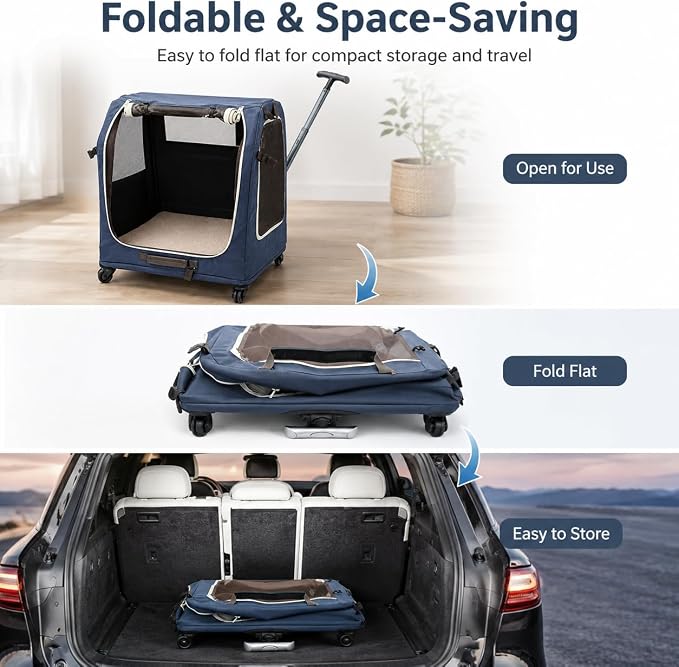 Foldable Rolling Pet Carrier Crate with Telescoping Handle | Soft-Sided Mesh Vents, 4 Smooth Wheels, Removable Inner Mat, Compact Flat Storage, Small to Medium Pets