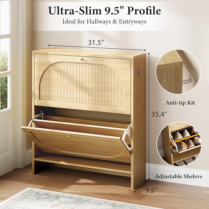 Arch-Chic Shoe Cabinet for Entryway, Modern Mid-Century Shoe Storage Cabinet with Fluted, Narrow Shoe Rack with Adjustable Shelves & Tipping Protection, Fits Men's Size 12+ Shoes