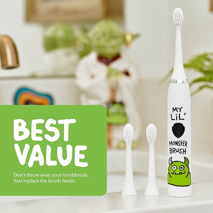 Made by Dentists Kids Electric Toothbrush - Rechargeable Vibrating Toothbrush with Timer, Includes 6 Replacement Heads, Gently Cleans Teeth, Kid & Toddlers Age 2+, Monster