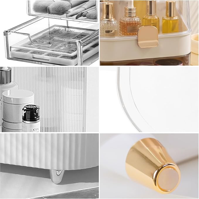 2 Piece Cream Gold Makeup Organizer Set with Dustproof Cover and 3 Drawer Cosmetic Storage Box with Handle for Brushes Perfume Lipstick Skincare Beauty Vanity Countertop Display（Rose Gold）
