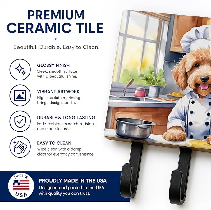 Caroline's Treasures Goldendoodle The Chef Leash or Key Holder Wall Hooks, Key Hooks Holder, Coat Rack Wall Mount, Coat Hooks, Hooks for Hanging Keys, Towels, Aprons, Leashes | Goldendoodle The Chef artwork on ceramic tile with three steel hooks for ke...