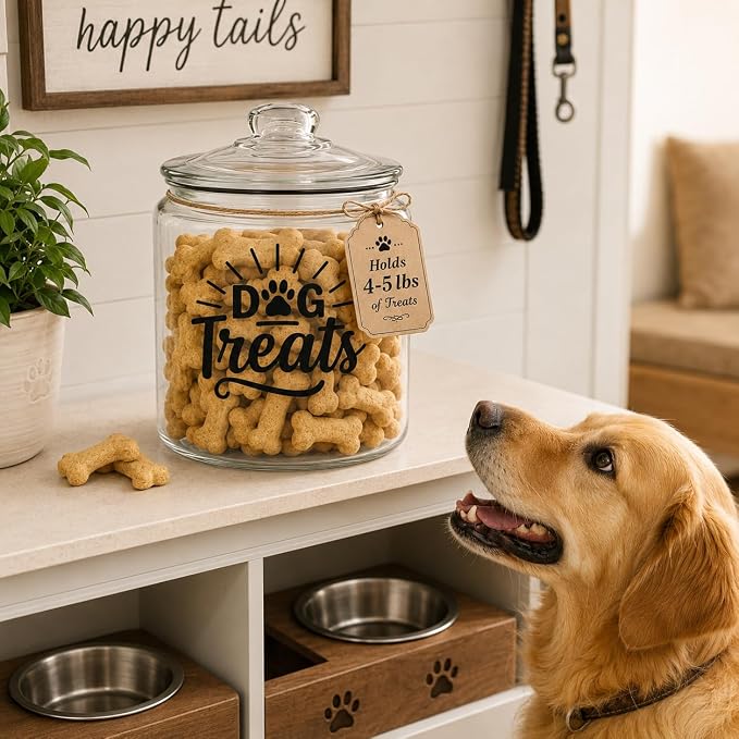 1-Gallon Glass Dog Treat Container Airtight – Large Countertop Dog Cookie Jar with Lid for Dog Treat Storage, Decorative Treat Jar & Dachshund Accessories