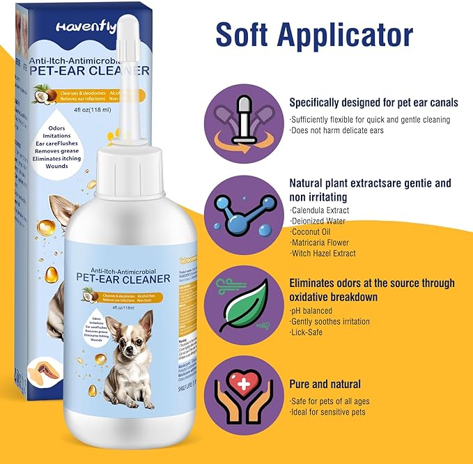 Ear Cleaner for Dogs and Cats 4 oz, Gentle and Non Irritating Dogs Ear Infection Treatment, Itch Relief Pet Ear Drops,Dog Ear Wash Removes Wax, Odor with 10 Cotton Swabs