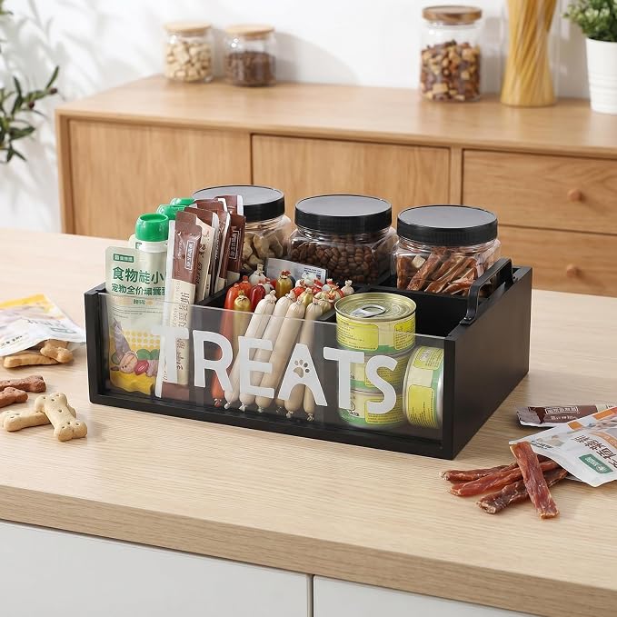 Dog Treat Container for Countertop, Pet Treat Storage Organizer with 3 Jars and Compartments, Cat Food Container with Handle, Dog Treat Organizer Bin