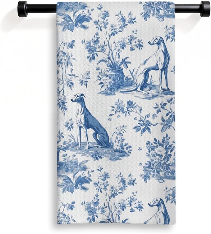 Greyhound Kitchen Dish Towels,Blue and White Floral Dog Towel Dish Tea Towels,Chinoiserie Decor for Kitchen Bathroom,Greyhound Gifts for Dog Lover Mom Dad,16x24 Inch