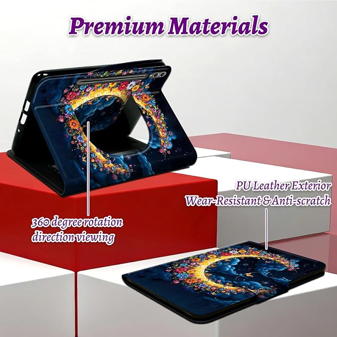 Rotating Handle Case for Samsung Galaxy Tab S10 Plus 2024/S9 FE+/S9 Plus 12.4 Inch 2023, 360 Degree Swivel Kickstand with Magnetic Closure Leather Protective Cover, Dark Clouds Moon