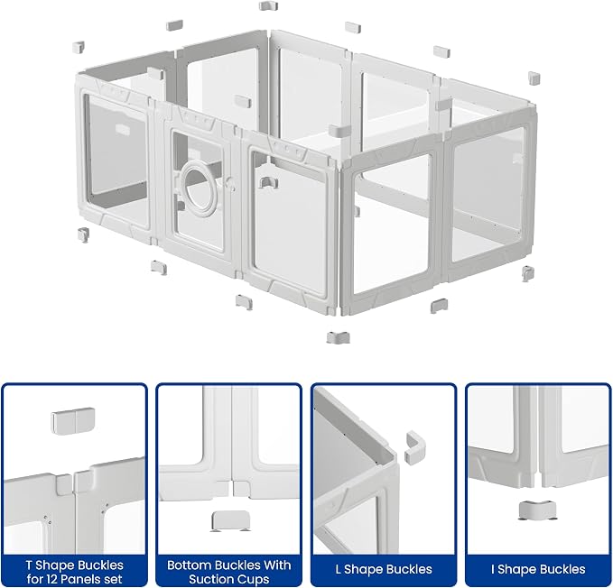 LEVELEVE Clear Acrylic Dog Playpen Indoor, Small Pet Play Pen for Puppy Cat Rabbit, Portable Dog Fence Crate Kennel Whelping Cage, 24" Height, White, 10 Panels