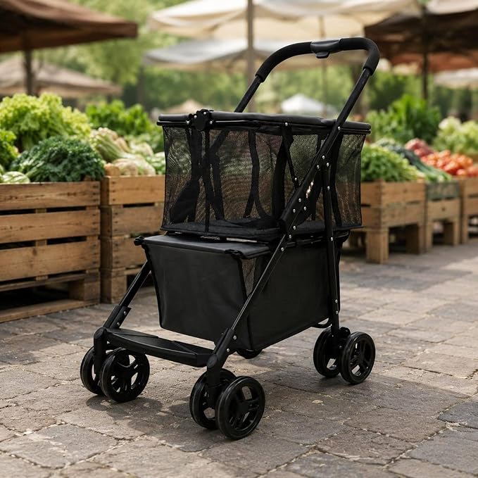 Foldable Cart Utility Shopping Pet Carrier Rolling Trolley with Removable Carrier and 360 Degree Front Wheels Metal and Oxford Cloth, Gray, New Gray, Two-Way Hand Cart