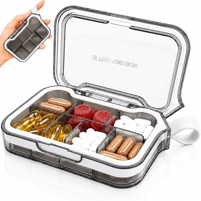 Small Pill Case with Handle, Travel Pill Organizer, Pocket Medicine Box | 7 Compartments Compact Pill Box for Fish Oil Vitamins Supplements Daily Medications, Purse Backpack Office