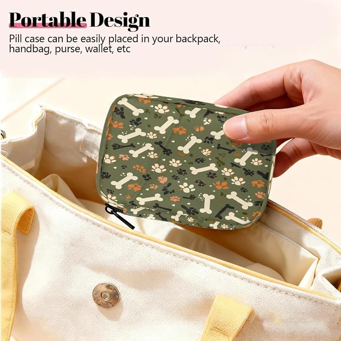 Weekly Pill Organizer Travel Size Bag with Removable 7 Day Pill Box Portable Vitamin Case Purse with Zipper,Olive Pet Paws Bones