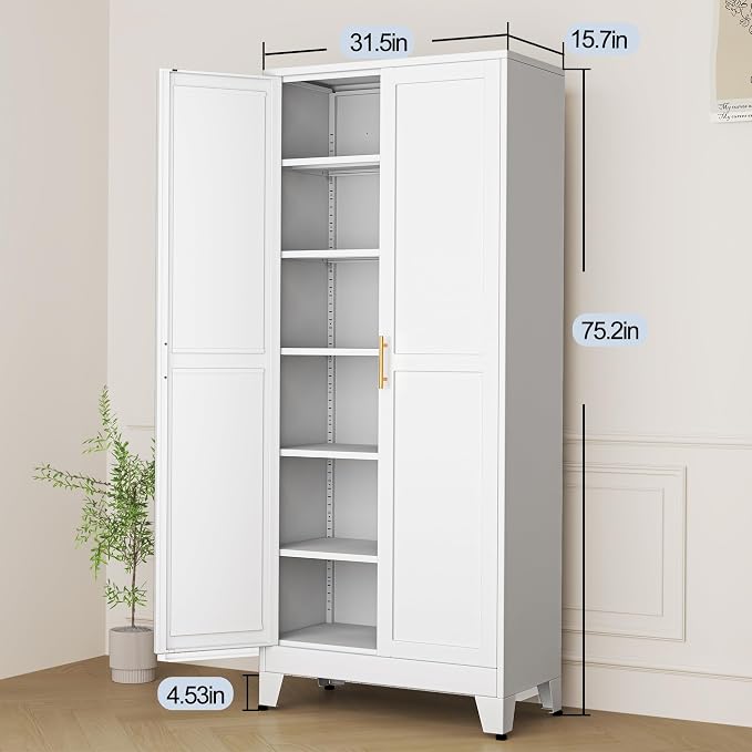 White Metal Storage Cabinet,75" Steel Cabinets for Home Office | Kitchen Pantry Storage Cabinet with Doors and 5 Adjustable Shelves, Tool Cabinets, for Office, Home, Garage, School