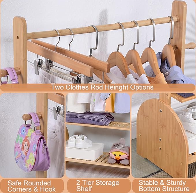 BAMBOOHOMIE Kids Clothing Rack with Adjustable Rods, Children Clothes Garment Rack for Kids Baby Pet, Kids Dress Up Rack with 2 Bottom Shelves, Kids Wardrobe Closet for Toddlers Nursery (Natural)