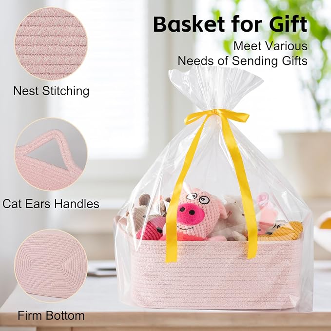 OIAHOMY Woven Basket, Gift Basket Empty with Gift Bags and Ribbons, Rope Baskets for Baby Showers, Storage Baskets with Handles for Nursery, Pet Toy Organizer - Mixed Pink