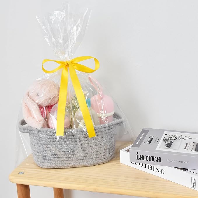 ABenkle Small Storage Basket, Mini Basket, Cute Tiny Cotton Rope Woven Basket, Boho Decorative Toy Dog Cat Basket for Nursery, Spa, Empty Gift Basket with Gift Bags and Ribbon - Grey