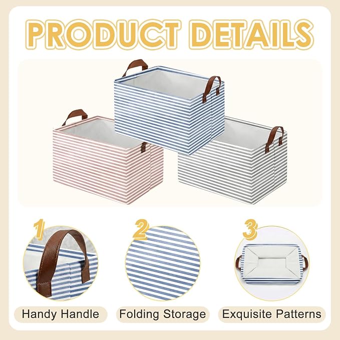 Britimes Pink Blue Storage Baskets for Gifts, Toy Storage Bins Box, 3 Pcs | Pink Blue Striped Canvas Collapsible Baskets Organizer with Handles Nursery Decor Laundry Basket for Shelves Closet