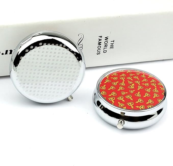 Round Purse Pocket Pill Box Red Cheese Pizza Painting 3 Compartment, Portable Metal Pill Case for Travel Fish Oil Vitamins
