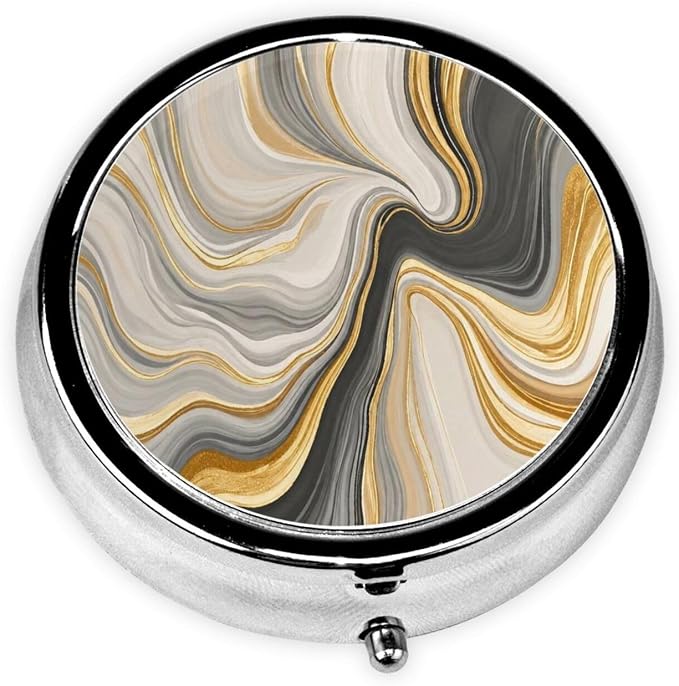 Vibrant Wave Golden Swirl Pattern Art Portable Pill Organizer | 3 Compartment, With Mirror, For Men Women, For Daily Supplements, Vitamins, Fish Oil, Jewelry, Candy, Travel