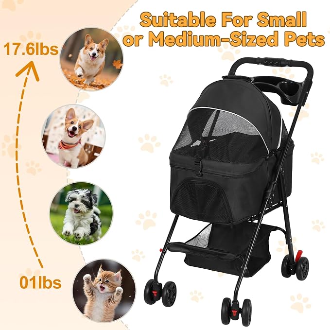 4 Wheels Pet Stroller,Dog and Cat Foldable Strollers, Removable Carrier, Breathable Mesh Canopy, Storage Basket and Cup Holder, Lightweight Travel Carrier, Pet Carrying Cart for Walks Outings Shoppin