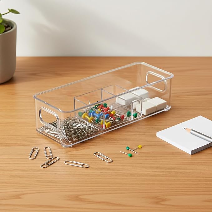 Clear PET Plastic Drawer Organizer with Dividers, Compartmentalized Storage Box for Small Items, 10 x 3.5 x 3 Inches