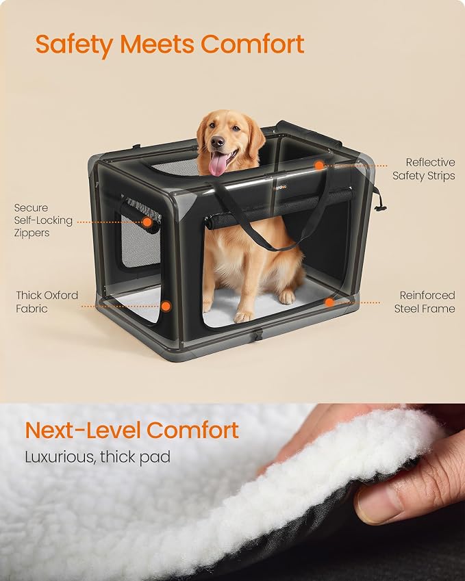 Feandrea Collapsible Dog Crate, Portable Oxford Fabric Pet Travel Crate with 4 Mesh Doors, Handles, Pocket, 36 Inches, for Large Dogs, Ink Black and Dove Gray UPDC029BH01