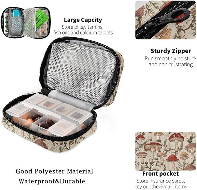 Fustylead Vintage Various Mushroom and Fern Pill Organizers 2 Times A Day Pill Case Bag with Zipper Portable Weekly Pill Dispensers for Vitamin Supplement