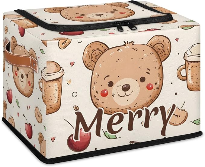 Custom Cute Bear Storage-Bin With Zipper Lid for Kids-Girls-Boys-Baby-Pet,Personalized Name Foldable Storage Box with Handle,Baby Basket With Label for Bedroom Nursery Toy Clothes,Light Yellow