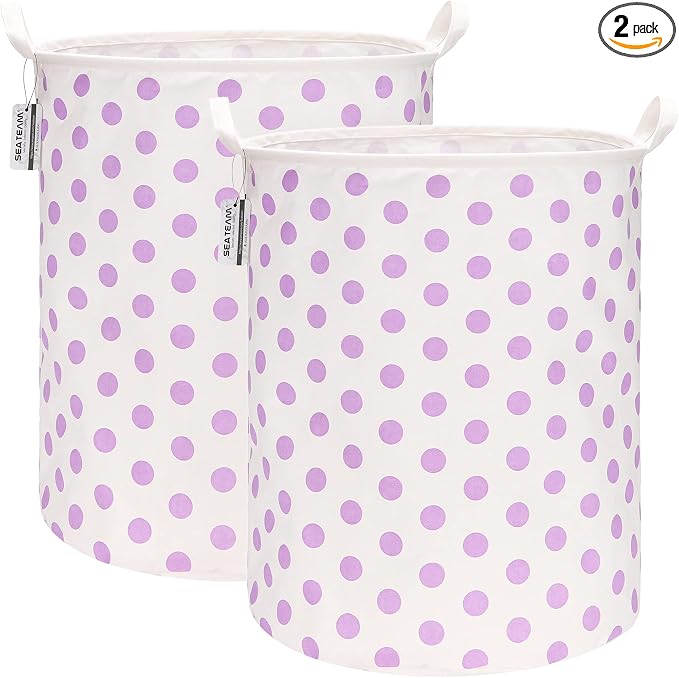Sea Team Large Canvas Laundry Basket with Handles, Purple Dots, 2-Pack | Collapsible Fabric Laundry Hamper, Closet Shelf Organizers, Containers for Clothing, Blankets, Toys, Bedding, 19.7 x 15.7”