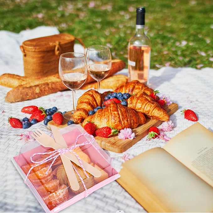 Whaline 50Pcs 4.7 x 4.3 Inch Valentine's Day Small Charcuterie Boxes with Clear Lids Pink Mini Dessert Boxes with Forks and Knives Disposable Food Containers for Sandwich Cookie Sushi Cake Slice Fruit