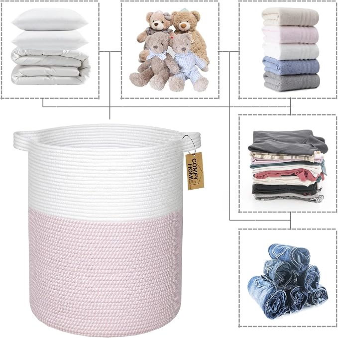 COMFY-HOMI XXL Large Laundry Basket with Handles Blanket Baskets Living Room|Woven Cotton Rope Decorative Basket Laundry Hamper Baby Basket Nursery Dog Toy Storage Organizer Bin-16”x18”-White/Pink