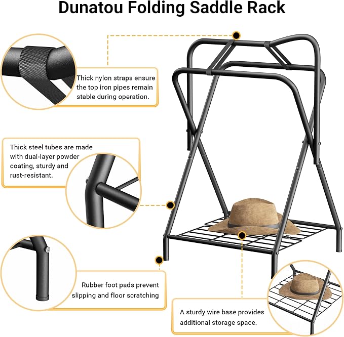 Dunatou Foldable Saddle Rack with Bottom Storage Shelf – Heavy Duty Horse Saddle Stand for English & Western Saddles, Portable Blanket Holder & Saddle Pad Rack for Tack Room, Barn & Trailer, Black