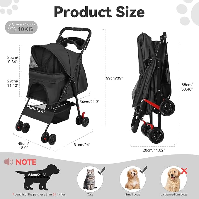 4 Wheel Pet Stroller for Small Medium Dogs, Foldable Cat Carriage with Breathable Mesh Windows, Cup Holder and Storage Basket, Portable Animal Strolling Cart Holds up to 22lbs Black