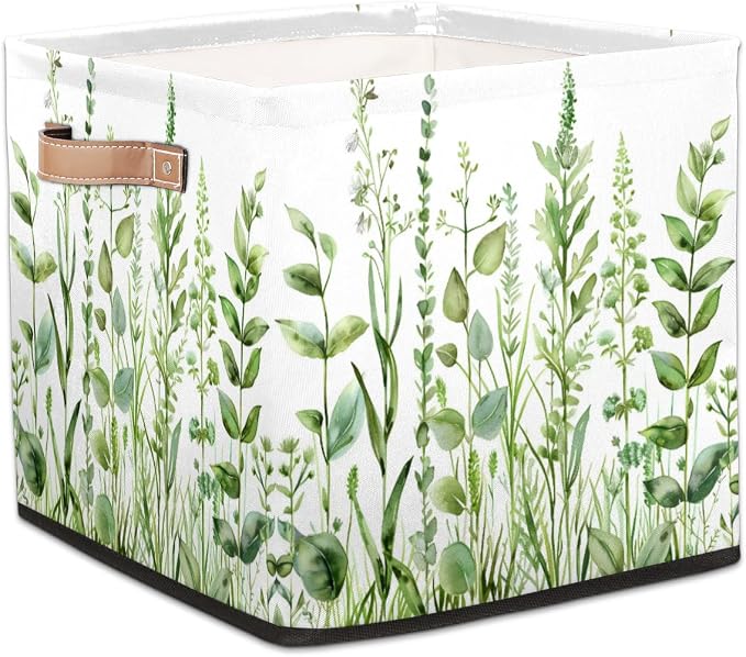 Sage Green Leaves Cube Storage Bin, 13 Inch Collapsible Fabric Storage Bin, Spring Eucalyptus Foldable Cube Baskets for Shelf, Closet, Organizer