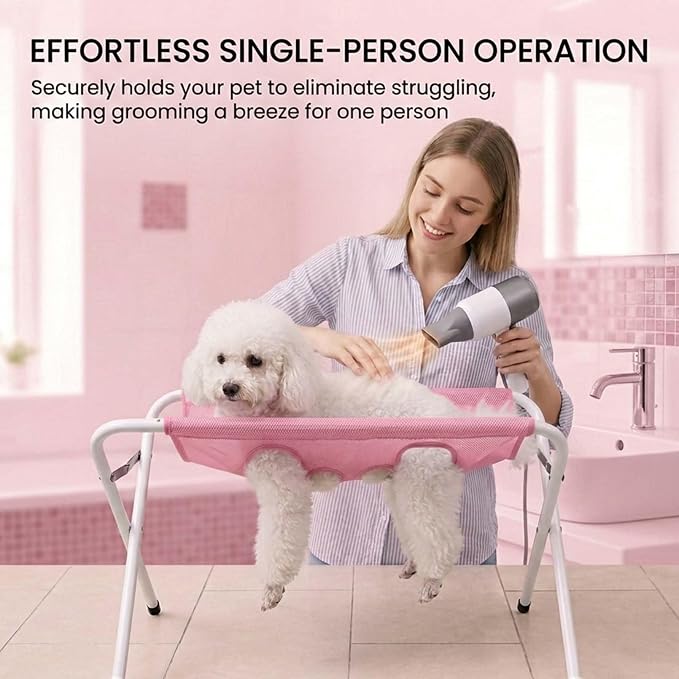 Pet Bathing Hammock, Foldable 8-Hole Grooming Stand for Small Pets (Pink) | Easier Pet Bathing, Less Scratches and Bites, Sturdy Frame Quick-Dry Mesh, Ideal for Dogs & Cats, Nail Trimming and Grooming