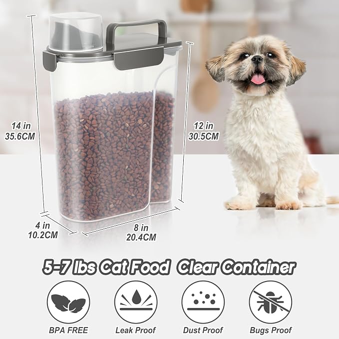 LEAWALK 5-7Lbs Cat Dog Pet Food Storage Container with Large Nozzle Design/4 Safety Buckles/Double-Layer Sealing Strips/Handle/Measuring Cup is Easy to Clean and Does -Khaki