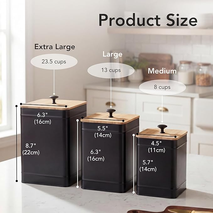 PERFNIQUE Kitchen Canisters for Countertop Set of 3, Airtight Canisters Sets for the Kitchen Counter with Lid, Metal Farmhouse Food Storage Containers Jars for Flour Sugar Coffee Tea Spice (Black)
