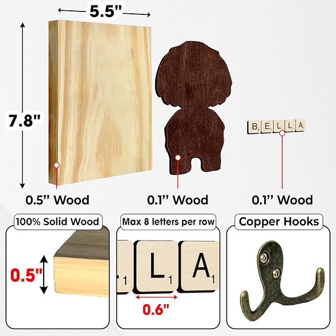 Shih Tzu Dog Leash Holder Wall Mount with Scrabble Letters, Wooden Dog Wall Hook Organizer, Pet Collar and Harness Holder Entryway, Key Hook & Leash Rack, Home Decor for Pet Lovers PF297-66