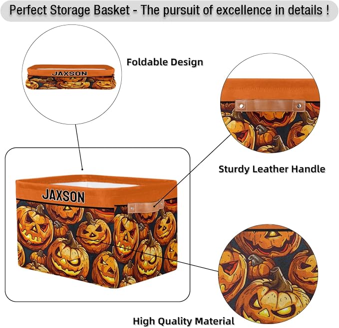 Custom Storage Baskets for Kids Name, Large Foldable Organizer Collapsible Storage Bin with Leather Handle for Home Toys Closet Nursery, Painted Happy Halloween Pumpkin